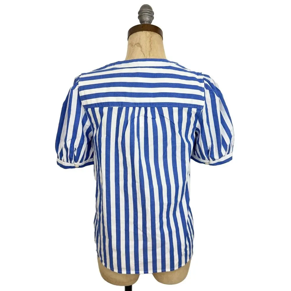 J.CREW Poplin Striped Short-Sleeve Top XXS Blue White Puff Sleeve NWT B30